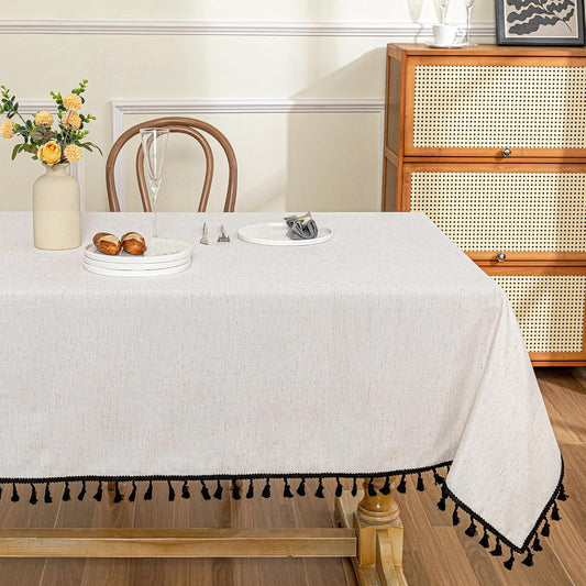 MYSKY HOME Table Cloth 60x60 in Rectangle Table, Heavy Duty Cotton Tassel Linen Look Waterproof Tablecloths Farmhouse Tablecloth, Wrinkle Free Table Cover with Beige Tassels for Kitchen Dining, Party