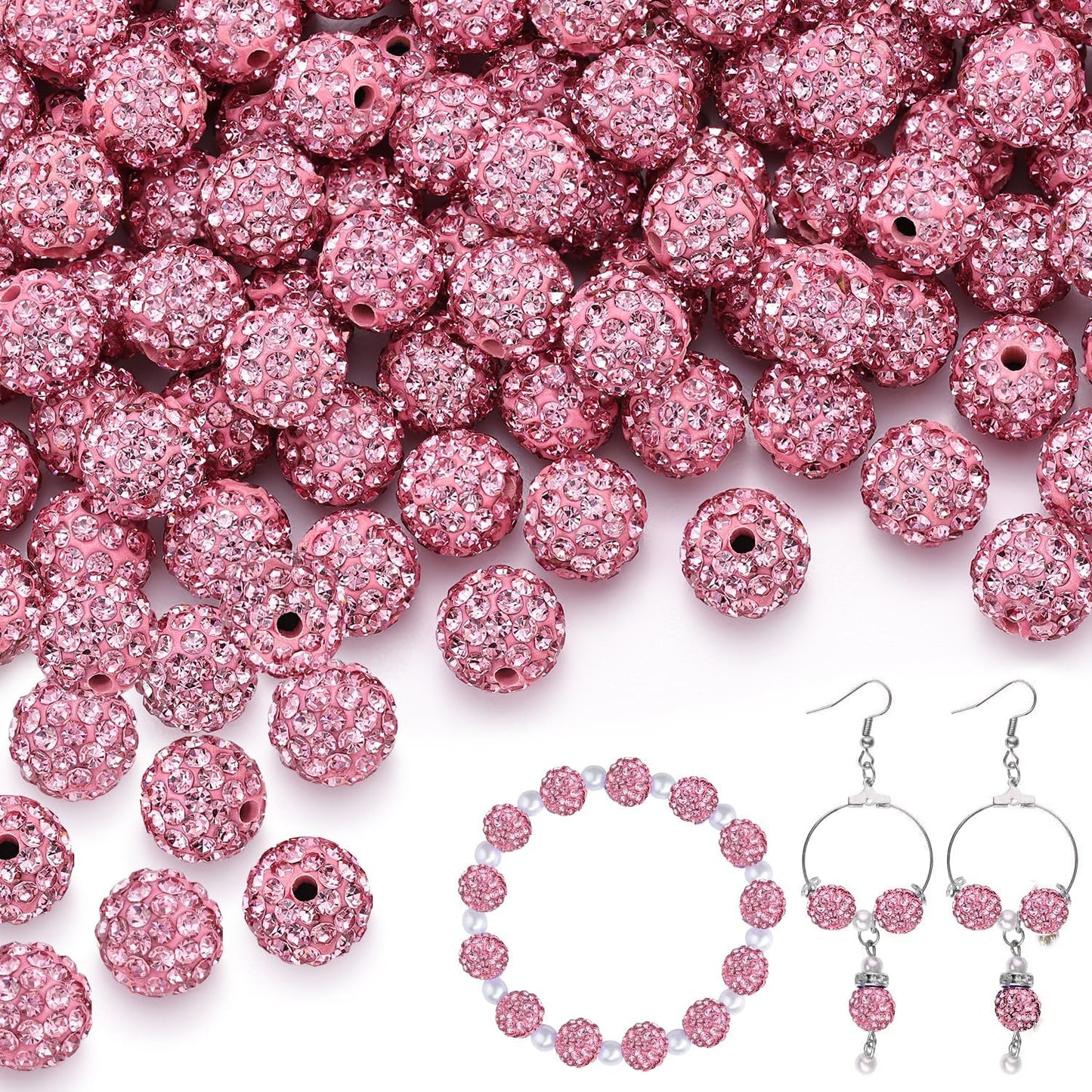 100 pcs 10mm Rhinestone Beads for Jewelry Making, Pink Shiny Round Shamballa Disco Beads Bulk, Sparkle Crystal Clay Christmas for Bracelet Baseball Necklace Earring Crafting and DIY