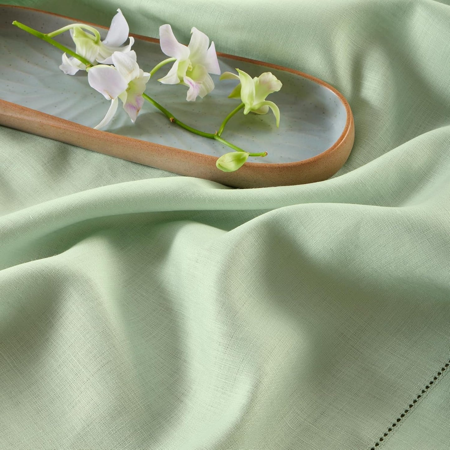 Solino Home Linen Tablecloth for Rectangle Tables 60 x 90 Inch - Classic Hemstitch 100% Pure Linen Light Green Table Cloth - Machine Washable Cloth Tablecloth
