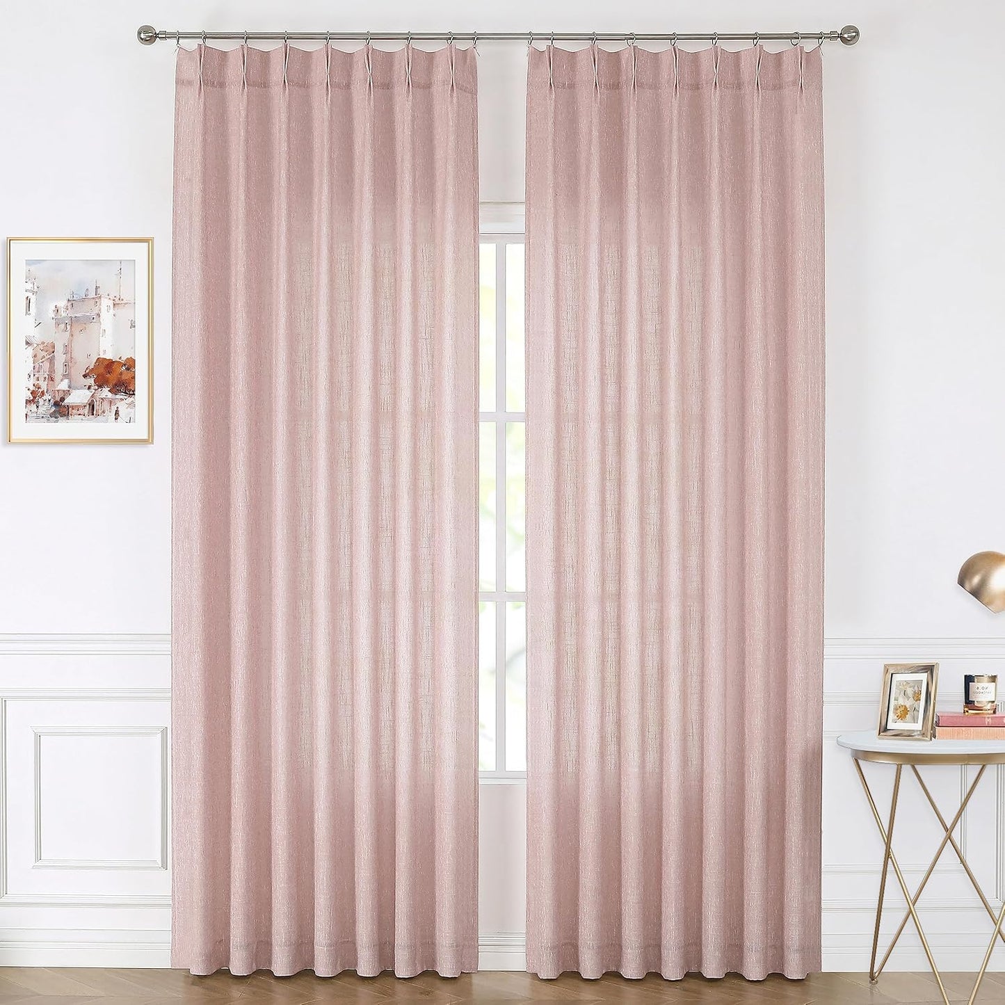 Vision Home Pink Pinch Pleated Semi Sheer Curtains for Girls Bedroom Living Room Textured Light Filtering Window Curtains 90 inch Rayon Blended Pinch Pleat Pink Drapes with Hooks 2 Panels 40" Wx90 L