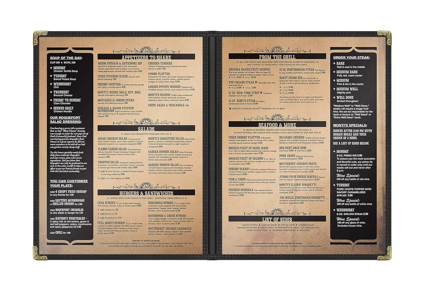 Goodsmart Restaurant Menu Covers - 25 Pack Black 8.5" x 11", 2-Page/4-View, Side-Loading Vinyl Menu Holders, Clear Sleeves, Double-Stitched Edge, Leather-Style Café Covers with Gold Corners