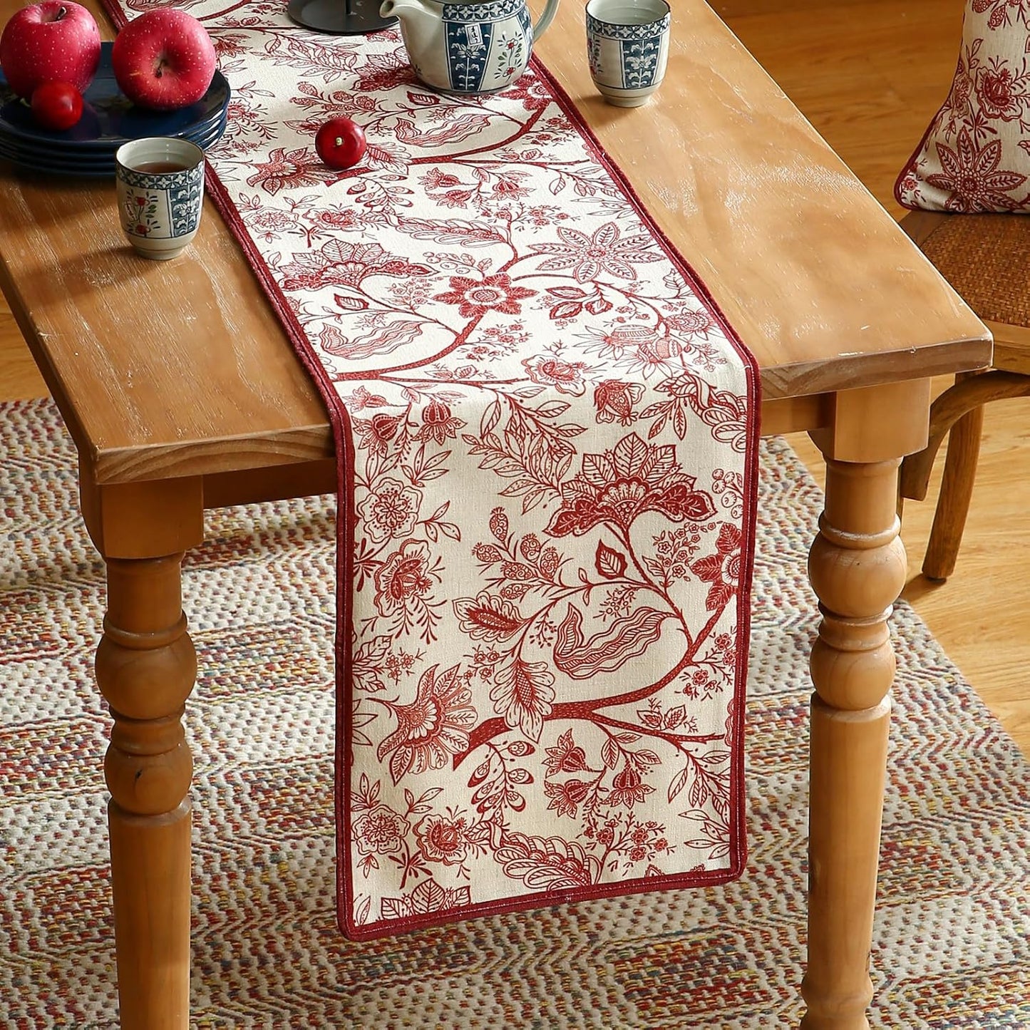ISAENNE Designer Chinoiserie Elegant Linen Table Runner 71 Inches Long,Red Floral Pattern Decor Table Runners for Thanksgiving,Dining Room,Banquet,Kitchen Tables,Christmas,12"*71"-Ruyi A