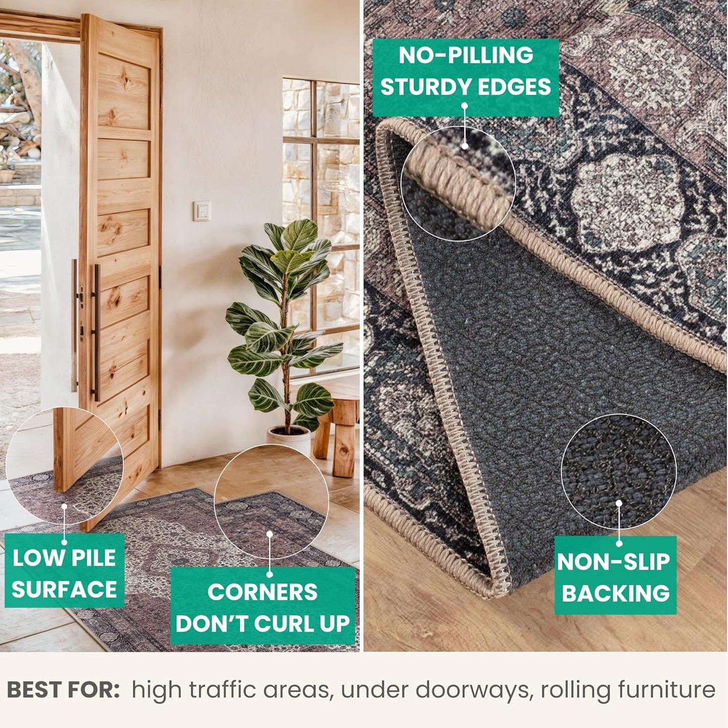 Bloom Rugs Washable Non-Slip 5' x 7' Rug - Cream/Green Traditional Medallion Area Rug for Living Room, Bedroom, Dining Room, and Kitchen - Exact Size: 5' x 7'