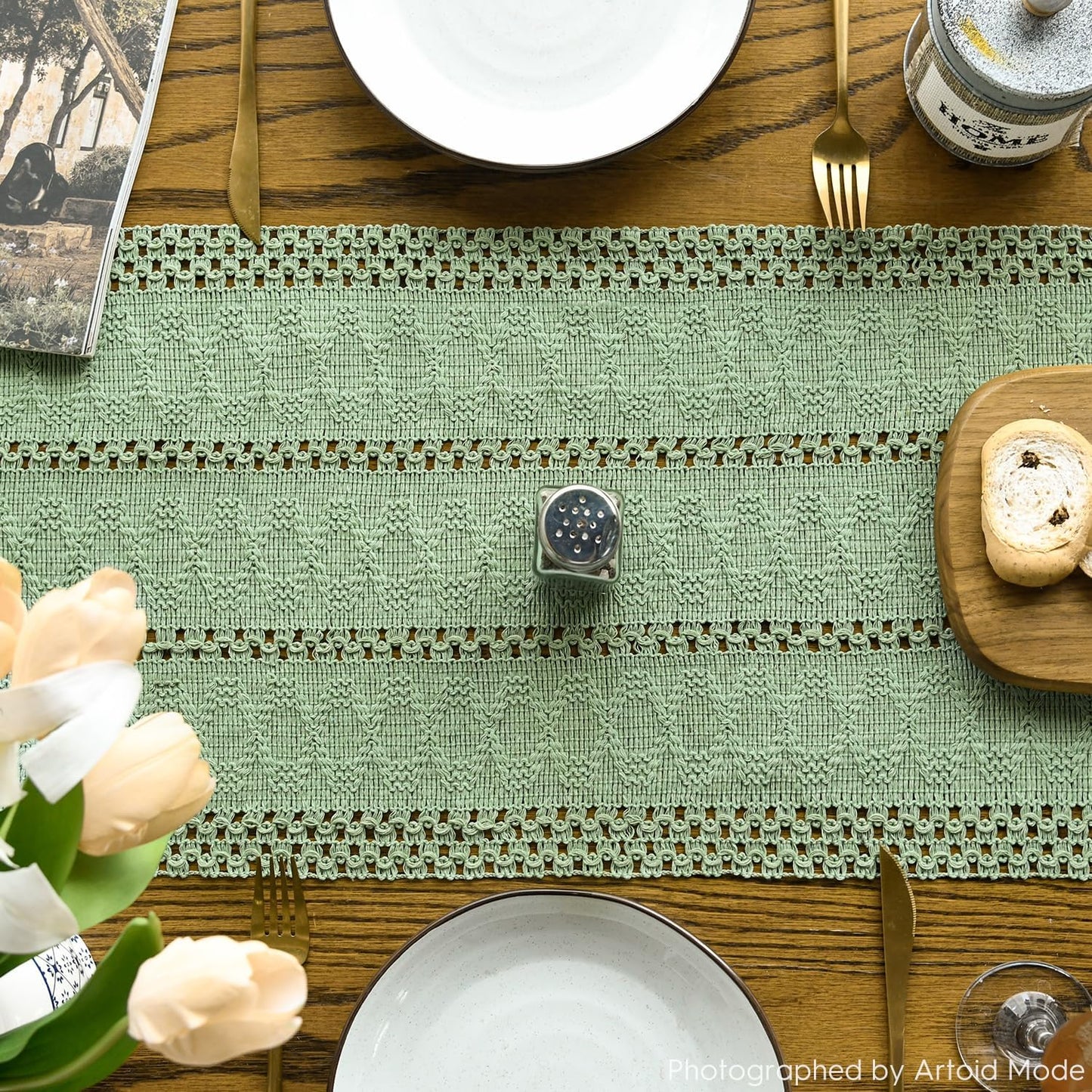 Artoid Mode Light Green Farmhouse Woven Rustic Hollow Table Runner, Seasonal Holiday Hollow Kitchen Dining Table Decoration for Home Party Decor 12x72 Inch