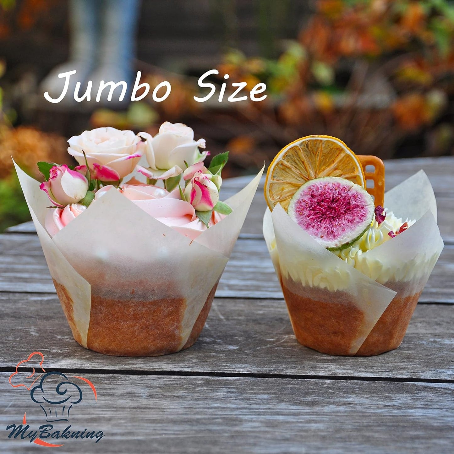 (Jumbo Extra Large size) Brown+White Tulip Baking Cups 2-1/4"(Base diameter) x 3-3/4"(Wall height) Greaseproof paper baking cupcake Muffin liners, Case of 130 pcs