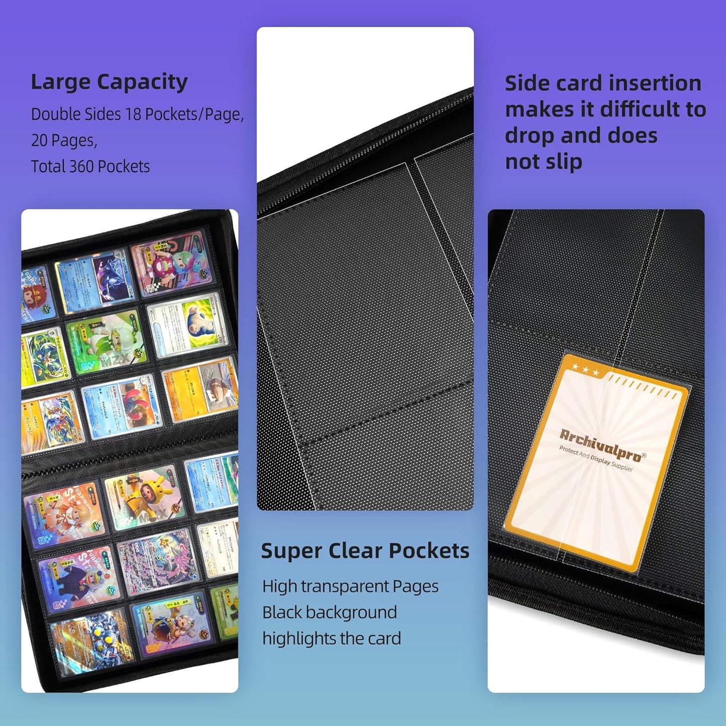 9 Pockets Premium Card Binder 360 Cards Trading Card Binders Zip Card Storage Display Album(9 Pocket 360 Card Slot,Black)