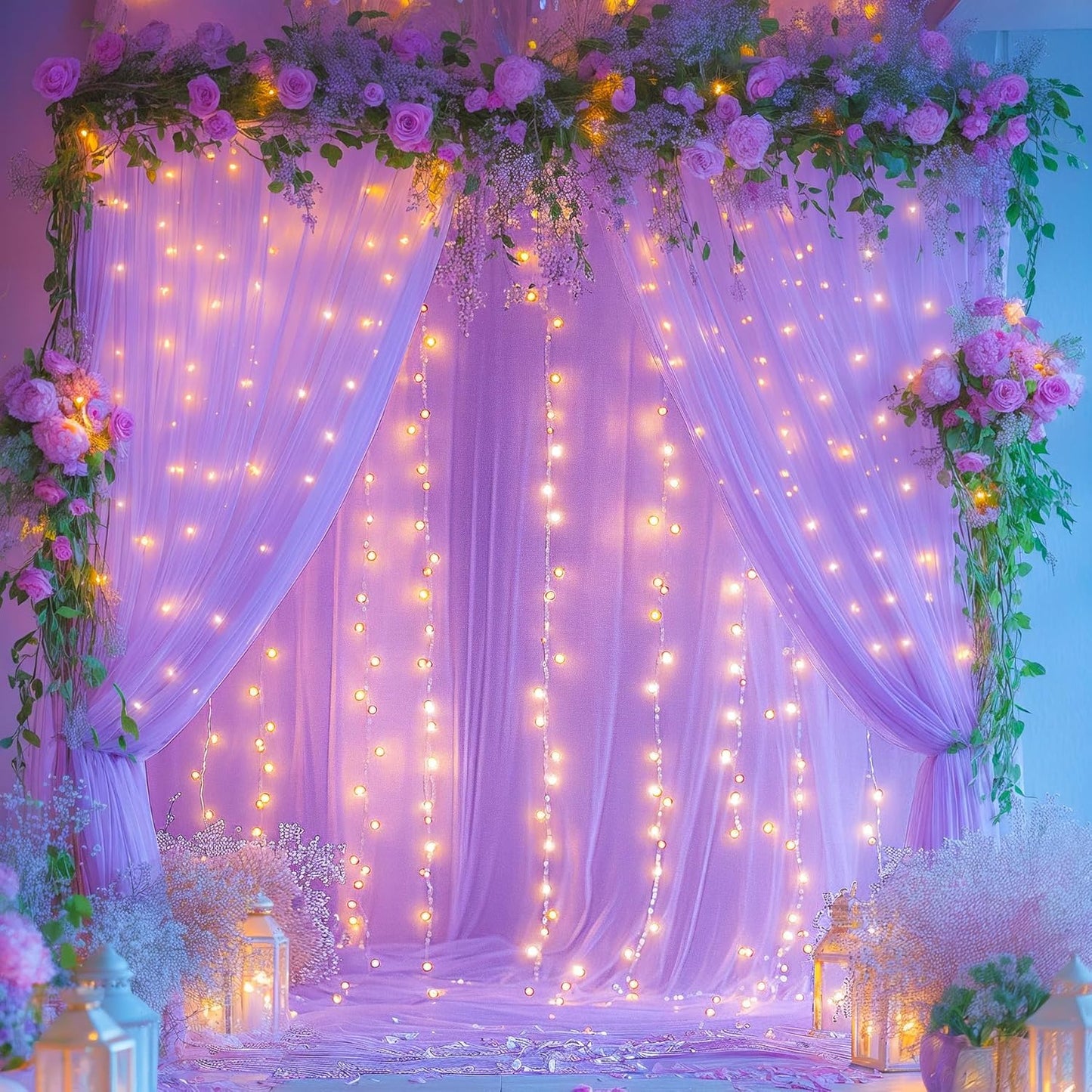 20x8ft Lavender Tulle Backdrop Curtains with Lights for Party Wedding Baby Shower, Sheer Drape Backdrop Curtains for Birthday Party Photo Booth Background Decoration