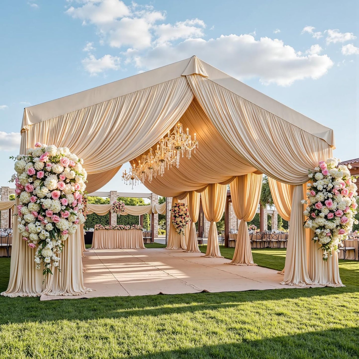 PartyVillage 20ftx40ft Beige Ceiling Curtain for Wedding Parties – 4 Panels Wrinkle-Free 40 FT Long Tent Draping Curtains for Wedding, Birthday & Theme Parties, 40ft Height with Rod Pocket