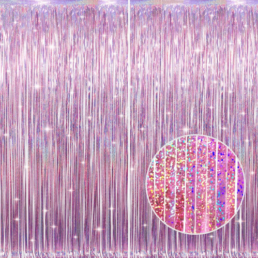 GOER 2 Pack 3.2 ft x 8.2 ft Metallic Tinsel Foil Fringe Curtains Party Photo Backdrop Party Streamers for Birthday,Graduation,New Year Eve Decorations Wedding Decor (Laser Pink)