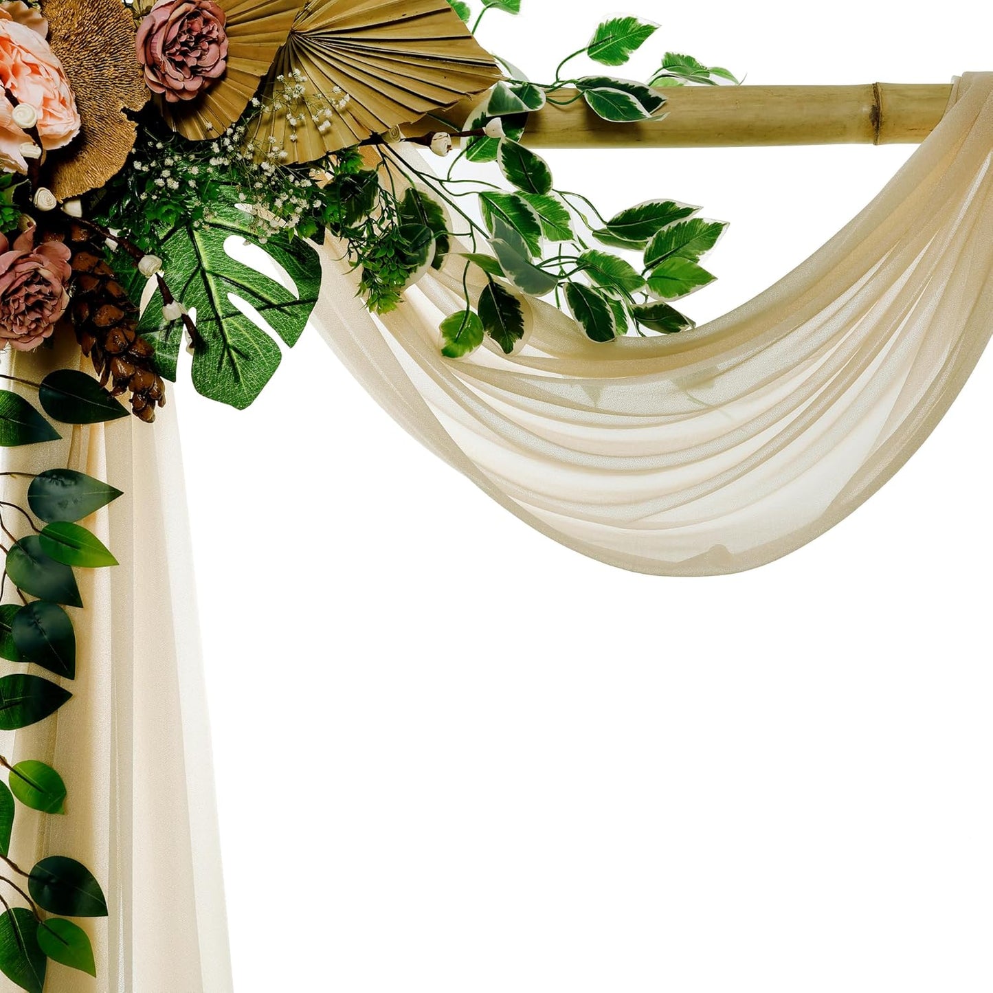 VDS Pack of 3 Panel (30 Inch X 20 Feet) Wedding Arch Draping Fabric Sheer Chiffon Fabric Drapery for Wedding Ceremony Reception Swag Backdrop Canopy Chuppah ARBO Altars Decoration (Champagne)