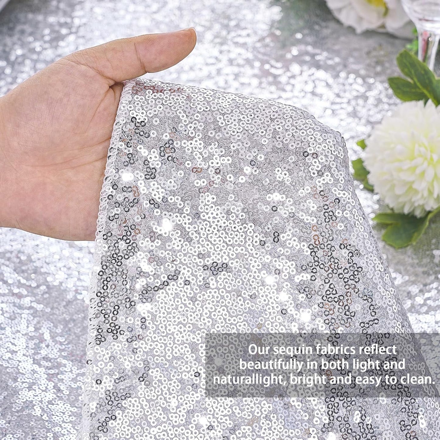 QueenDream Sequin Tablecloth 90x132 Inches Rectangular Silver Table Cloth Glitter Fabric Overlay for Wedding Birthday Bridal Shower Decorations
