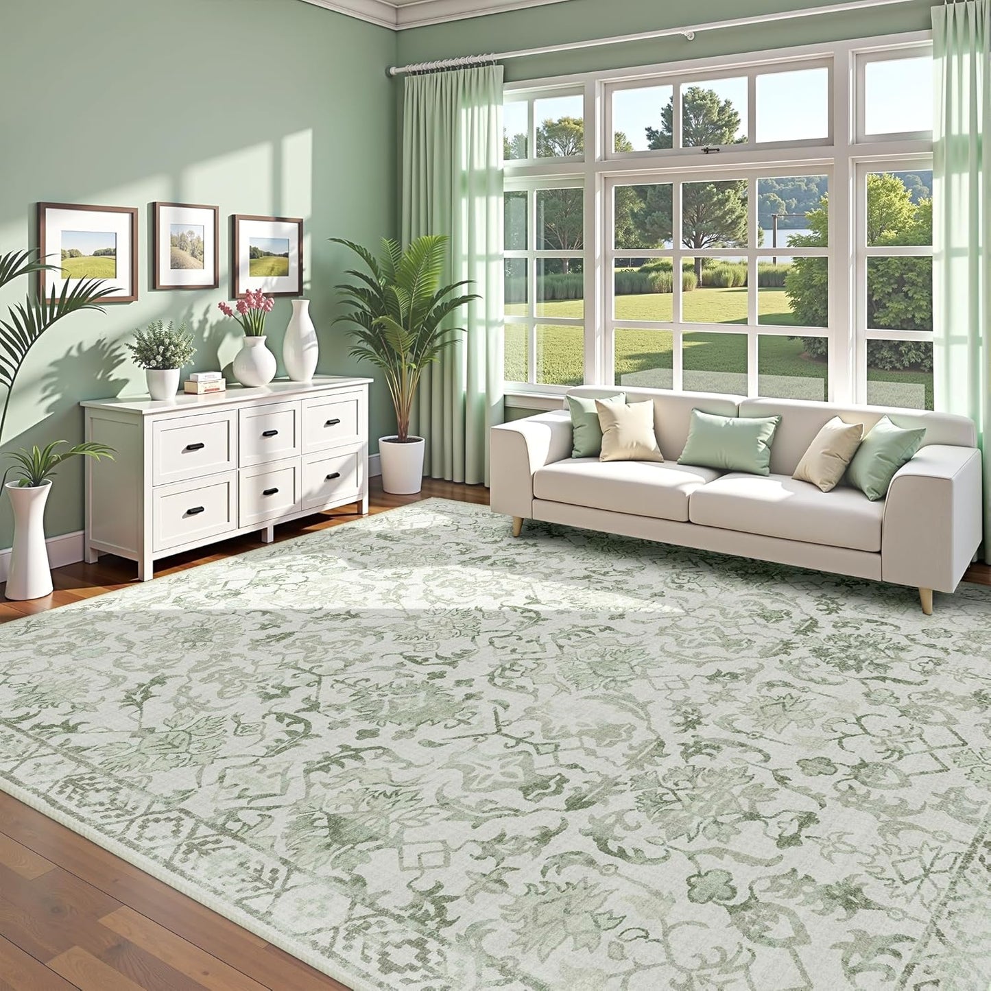 Sage Area Rugs 6x8 for Living Room, Washable Vintage Rugs for Bedroom, Distressed Throw Rug, Non Slip Floral Carpet Green Area Rug for Bedroom Dining Nursery
