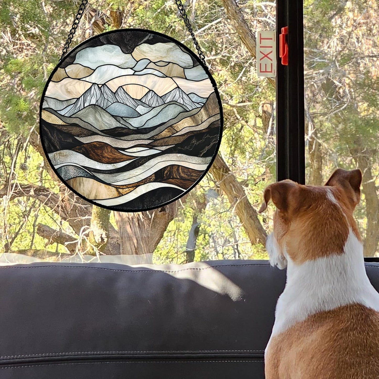 Stained Glass Window Hanging - Grey Mountains Landscape Suncatcher for Doors Garden Patio Retro Sun Catchers Decor Christmas Mother's Day Birthday Gifts for Women Men Mom Nana Friend 11.8 in
