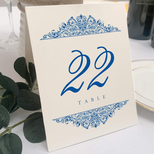 Paisley Wedding Table Numbers (Select Color/Quantity), Champagne, Royal Blue, 1-90, Double Sided, Tent or Use in a Stand, Great for Parties & Restaurants - Made in the USA