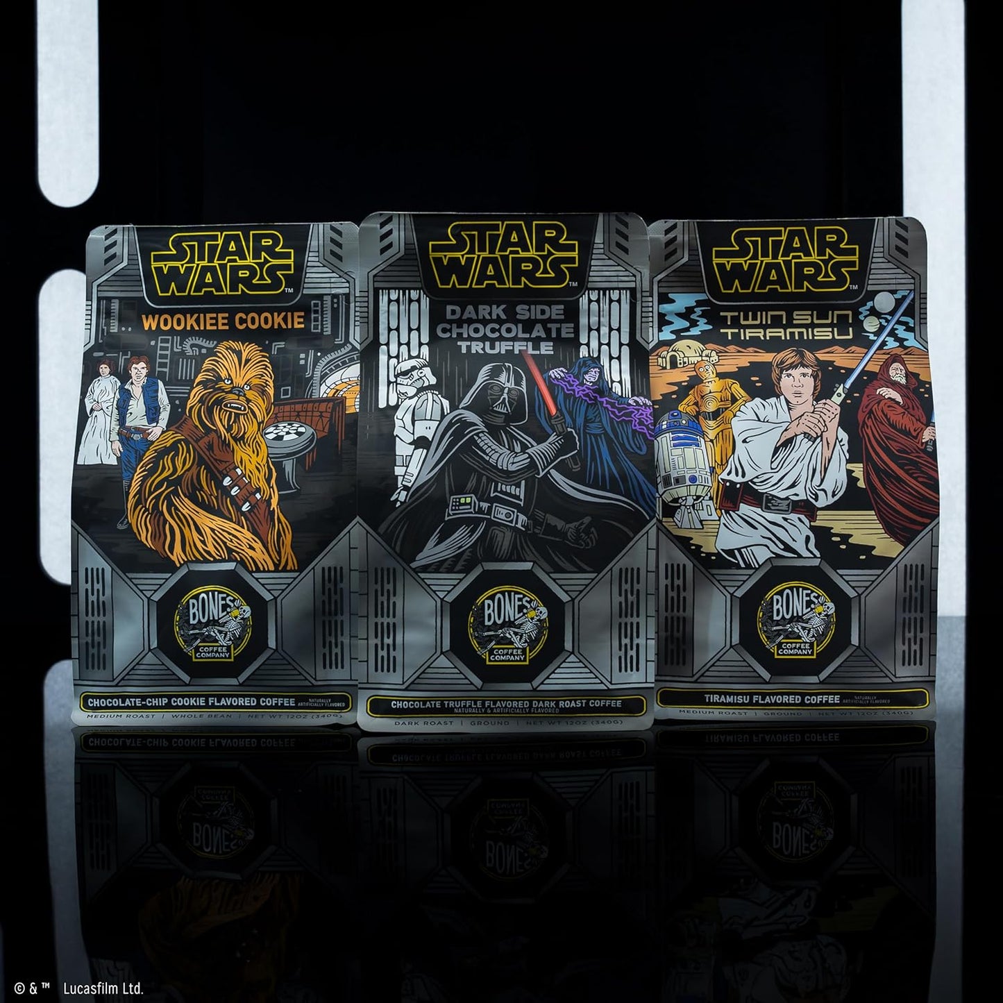 Bones Coffee Company Star Wars Collector's Box Flavored Coffee, Low Acid Medium Roast Arabica Beans Coffee Gifts, Star Wars Inspired, For Auto Drip and French Press,12 oz Pack of 3 Ground