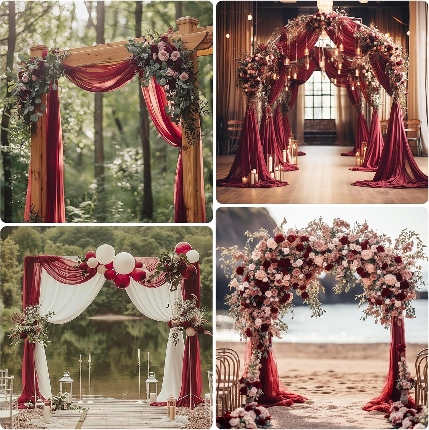 Wedding Arch Draping Fabric 3 Panels 28.7" x 20FT Burgundy Sheer Chiffon Backdrop Drapes for Wedding Ceremony Birthday Party Bridal Shower Outdoor Decoration