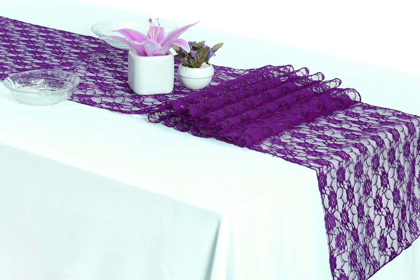 MDS Pack of 20 Wedding 12 x 108 inches Lace Table Runner for Wedding, Decorations for Birthday Parties, Banquets, Graduations, Engagements, and Runners fit Rectangle, Round Table- Cadbury Purple