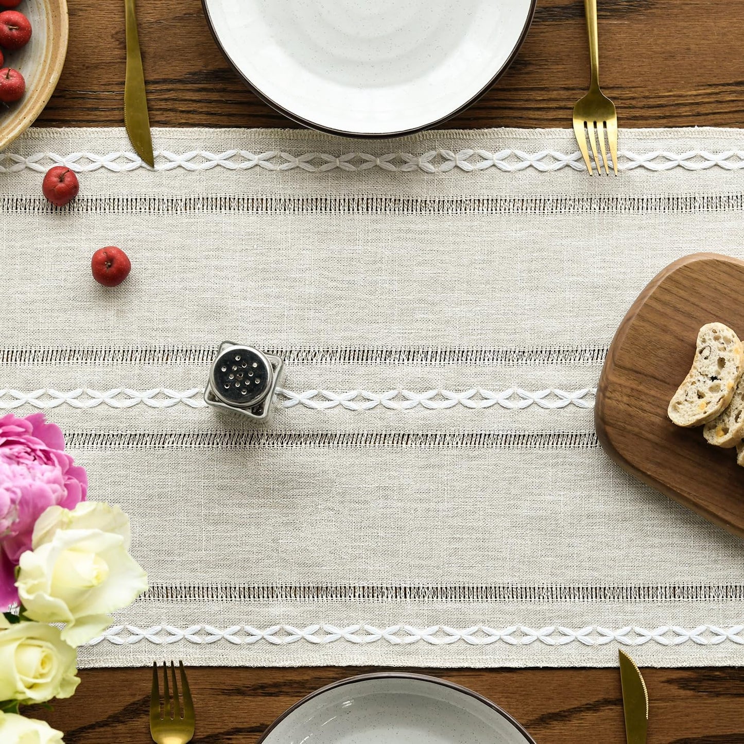 Artoid Mode Beige Rustic Cotton Linen Table Runner, Seasonal Embroidered Hollow Kitchen Dining Table Decoration for Home Party Decor 13x90 Inch