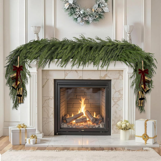 2 Pcs 6FT Christmas Garlands Norfolk Pine Garland - Real Touch Winter Pine Garland, Artificial Norfolk Tree for Indoor Outdoor Holiday Decor, Fireplace Mantel, Door, Porch (Burgundy Bell)