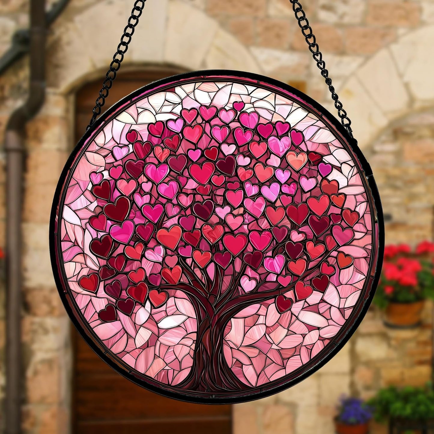 Stained Glass Window Hanging, Pink Love Tree of Life Sun Catchers Colorful Glass Panel Suncatcher Decor for Birthday for Women, Men, Wife, Lovers, and Mom 11.8x11.8 in