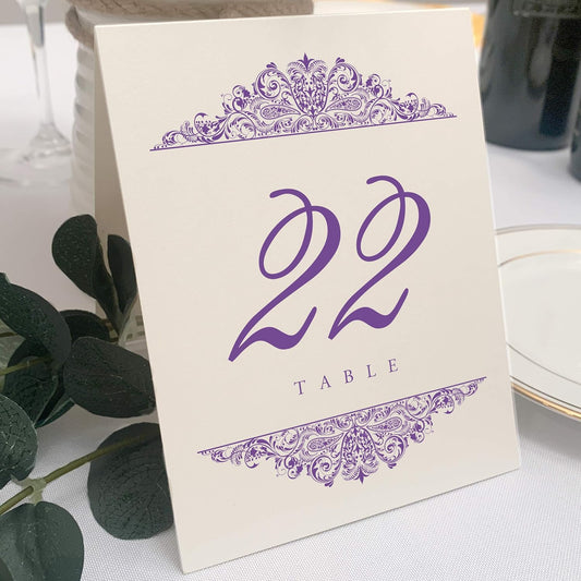 Paisley Wedding Table Numbers (Select Color/Quantity), Champagne, Purple, 1-25, Double Sided, Tent or Use in a Stand, Great for Parties & Restaurants - Made in the USA