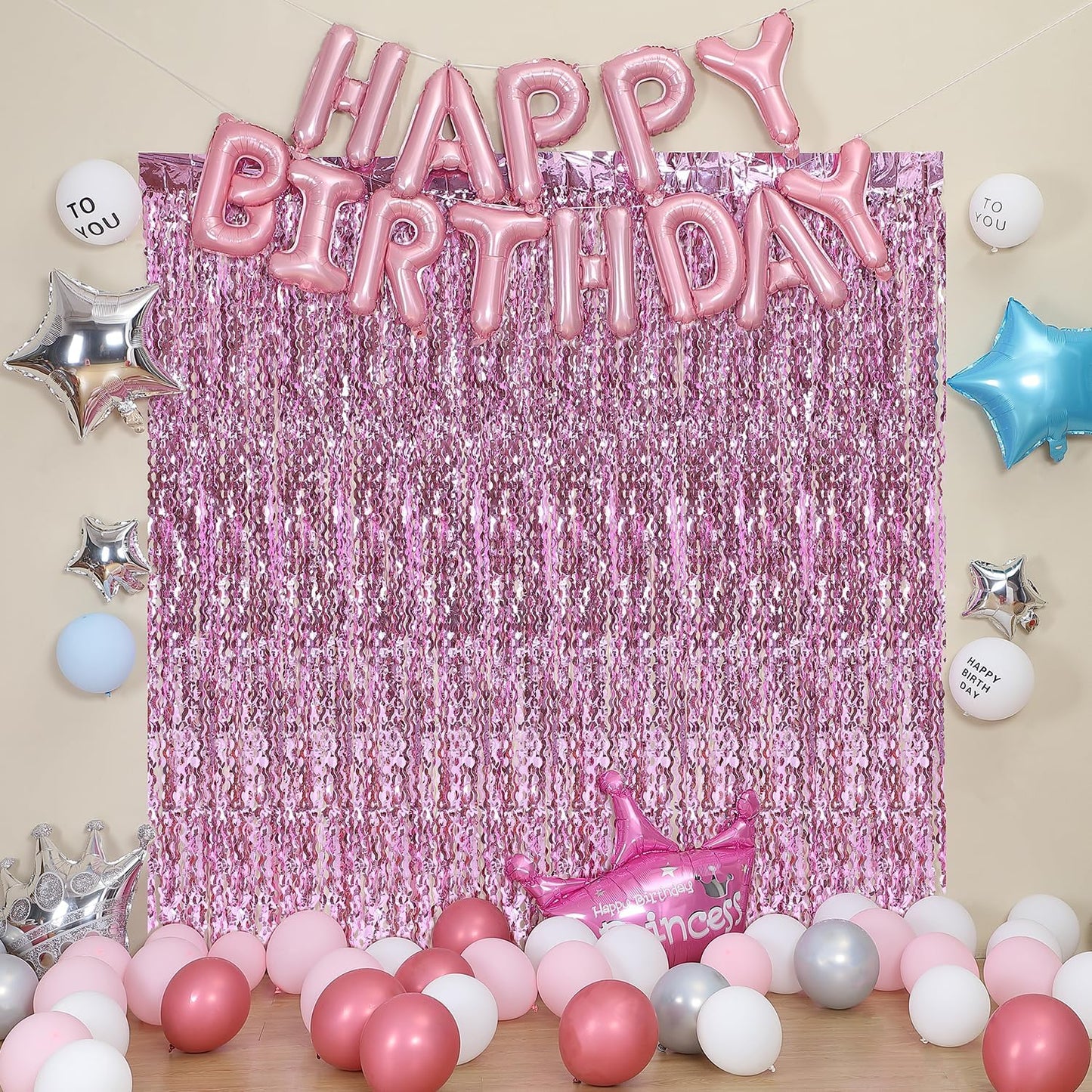 Pink Foil Fringe Curtain - Wavy Fringe Backdrop 3.3 x 6.6 Feet, Pack of 3 | Pink Streamers Party Decorations Birthday Decorations Valentine's Day Decoration Party Supplies