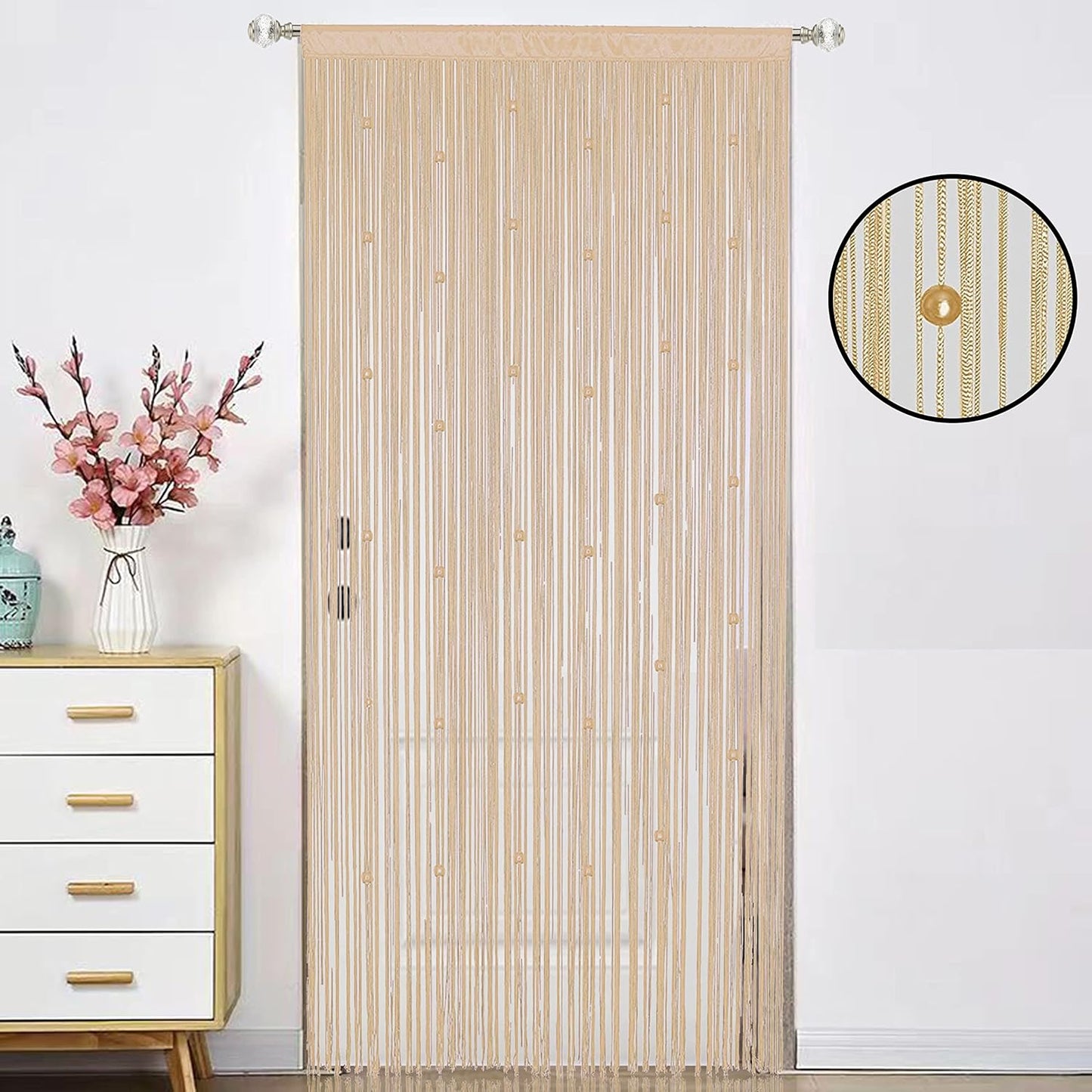 Beaded Curtain Beads Door String Curtains Ideal for Living Room Decor Wall Hanging Fringe Doorway Divider Bedroom Backdrop Hippie Window Closet Privacy Rod Pocket Dense (100x200cm,Beige)