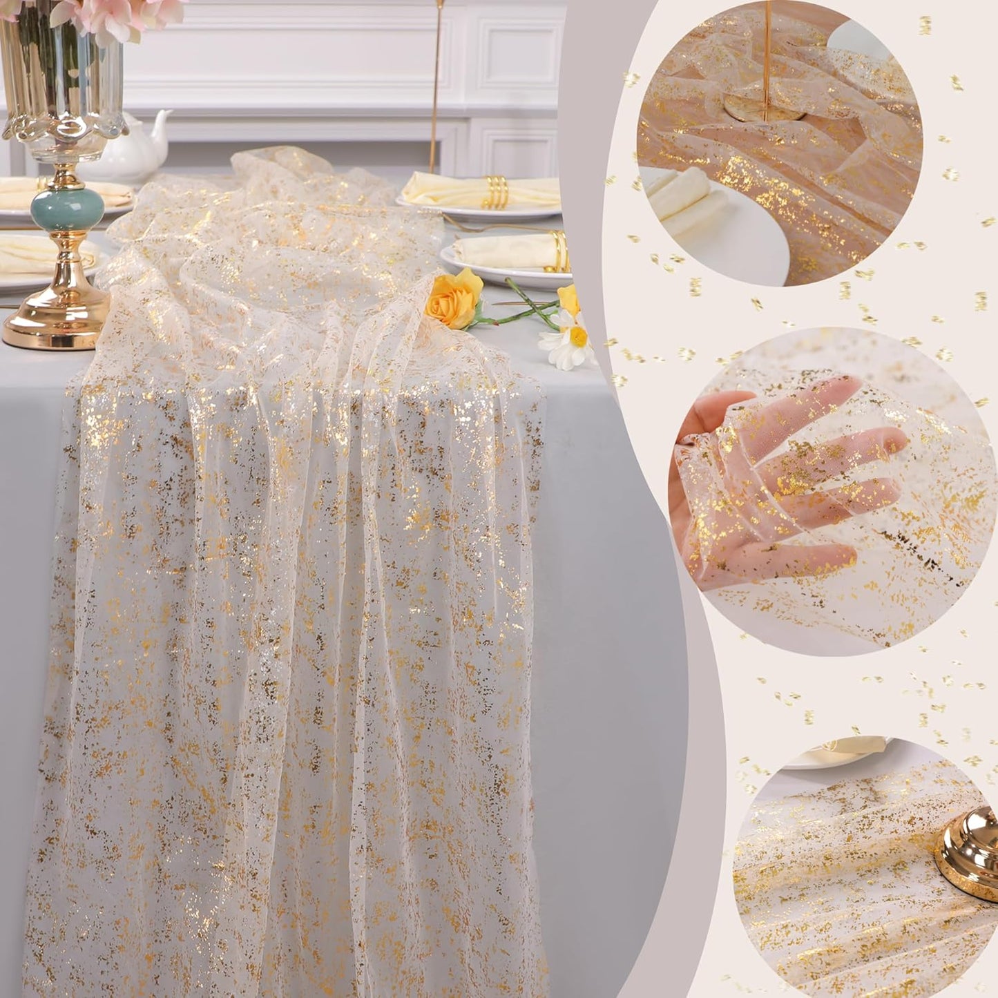 Snowkingdom 3Pcs 10 Ft Gold Table Runners, Sheer Chiffon Tulle Cheesecloth Wedding Runner, Golden Sequin Glitter Metallic Foil Party Table Decorations Centerpieces for Wedding Birthday Christmas