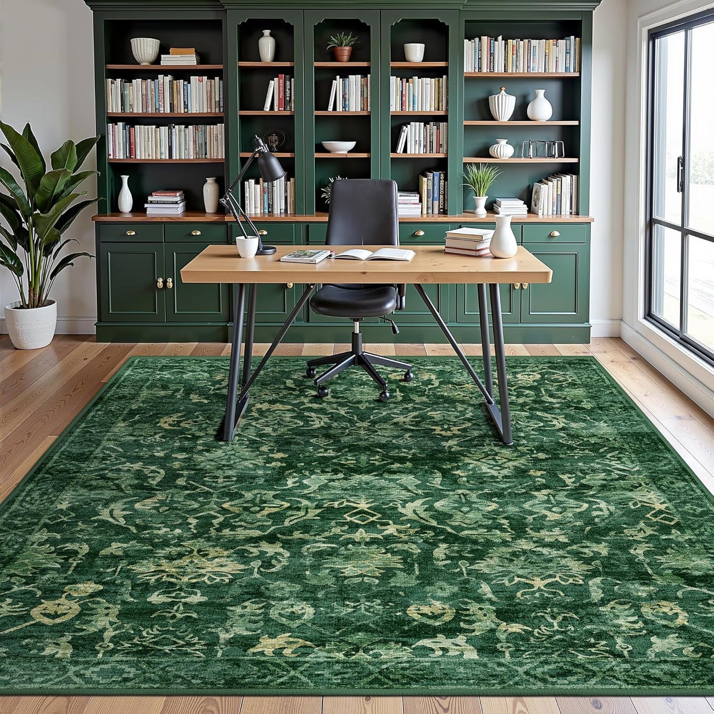 Dark Green Vintage Area Rug 5x7 for Living Room, Washable Distressed Farmhouse Soft Thin Non-Shedding Indoor Throw Rug, Traditional Accent Carpet for Bedroom Office