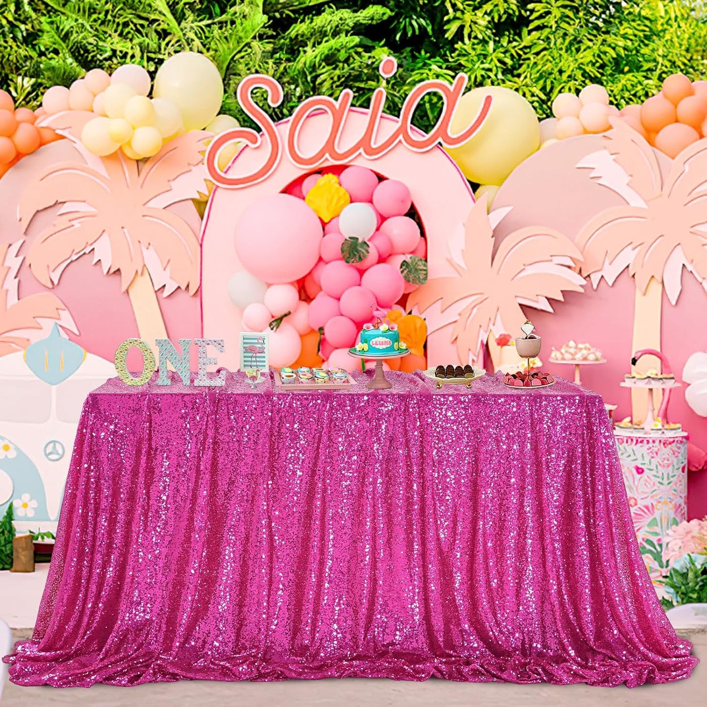 QueenDream Rectangular Sequin Tablecloth 90 x 132 inch Sparkly Patio Table Cloth for Spring Party Wedding Baby Shower Table Decoration Fuchsia