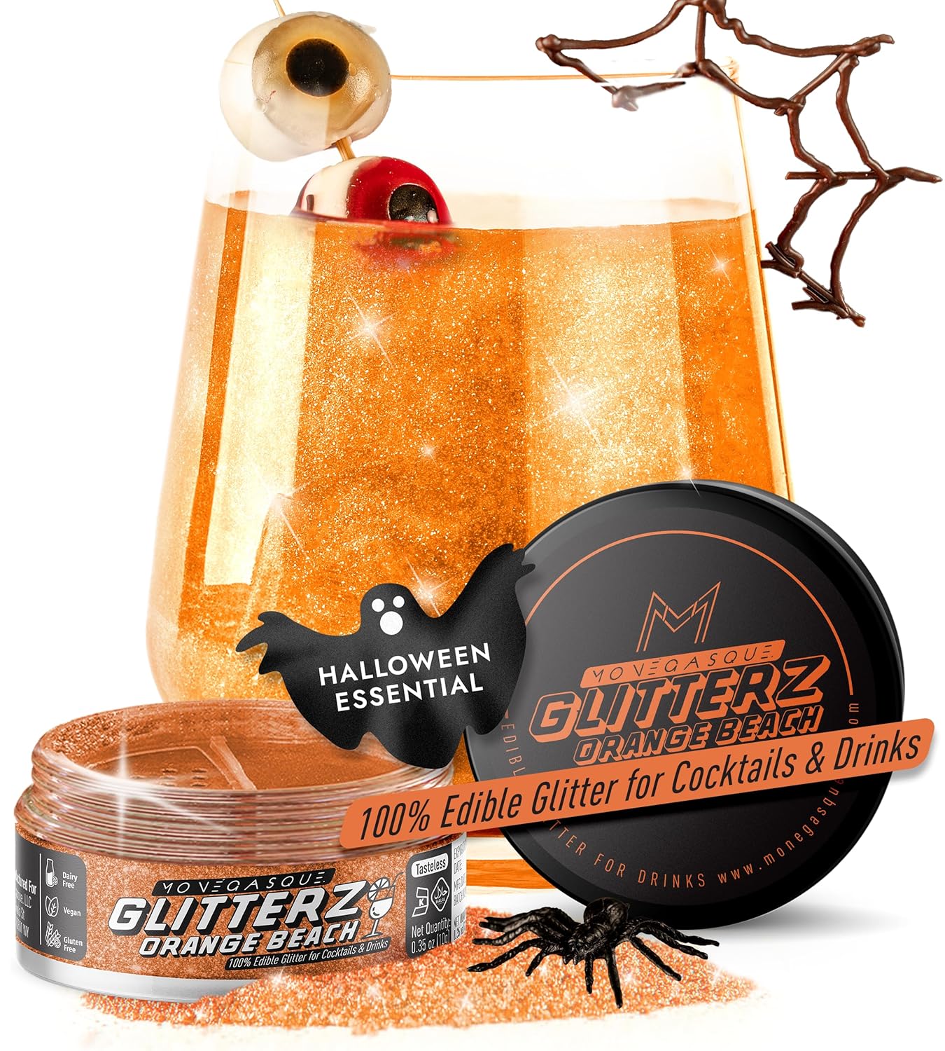 MONÉGASQUE Orange Edible Glitter for Drinks 10g – Edible Glitter for Cakes & Cocktails – Orange Cupcakes & Halloween Cake Decorations Spray Sprinkles – Drink Shimmer Powder for Cocktail Sparkles