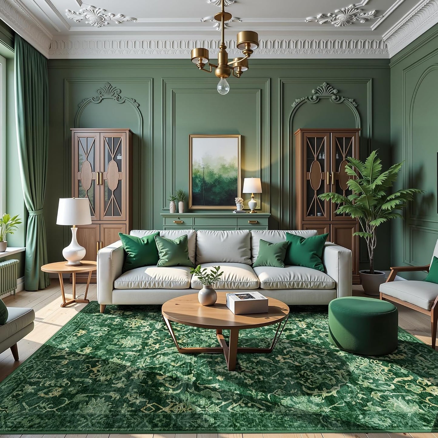 Dark Green Area Rugs 7x9 for Bedroom Nursery, Machine Washable Vintage Rugs, Distressed Living Room Non Slip Rugs for Living Room Carpet Green Area Rug for Dining