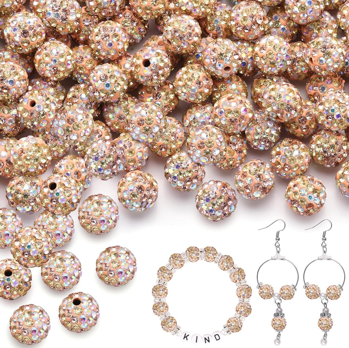 100pcs 10mm Rhinestone Beads for Jewelry Making, Light Peach AB Shiny Round Shamballa Disco Beads Bulk, Sparkle Crystal Clay Christmas for Bracelet Baseball Necklace Earring Crafting and DIY