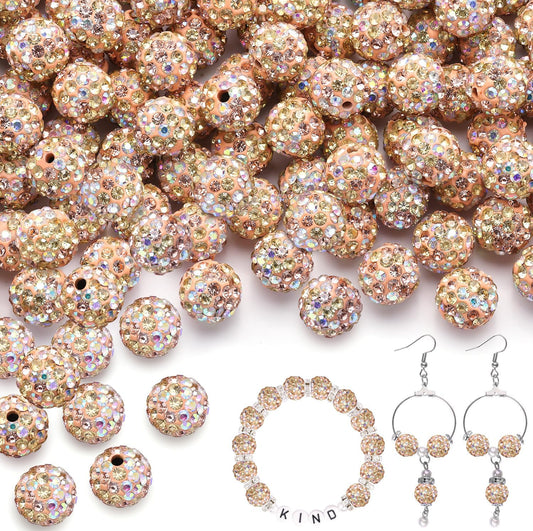 100pcs 10mm Rhinestone Beads for Jewelry Making, Light Peach AB Shiny Round Shamballa Disco Beads Bulk, Sparkle Crystal Clay Christmas for Bracelet Baseball Necklace Earring Crafting and DIY