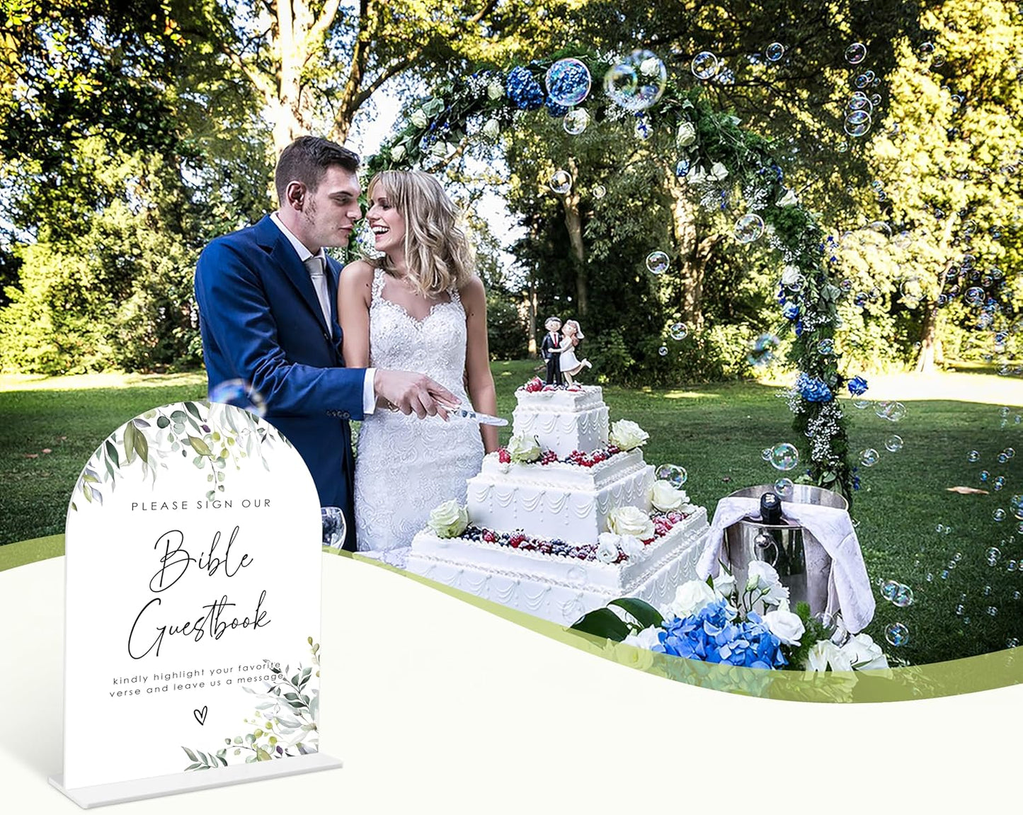 Greenery Bible Guest Book Sign, 6 x 8 Inch White Arch Acrylic Wedding Sign with Holder, Wedding Sign for Ceremony and Reception, Wedding Decoration, Wedding Supplies - LY28