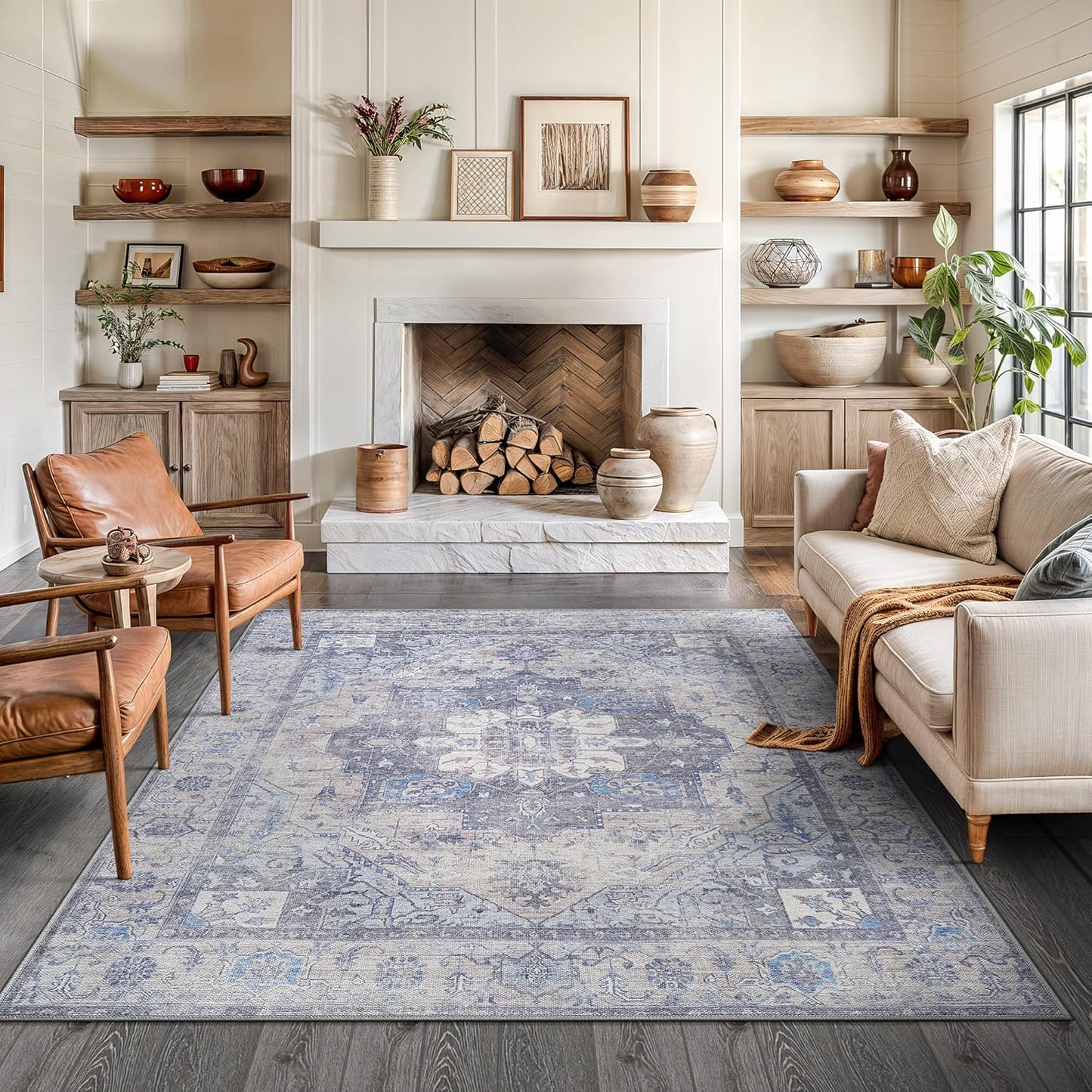 Bloom Rugs Washable Non-Slip 6' x 9' Rug - Blue/Sand Traditional Medallion Area Rug for Living Room, Bedroom, Dining Room, and Kitchen - Exact Size: 6' x 9'