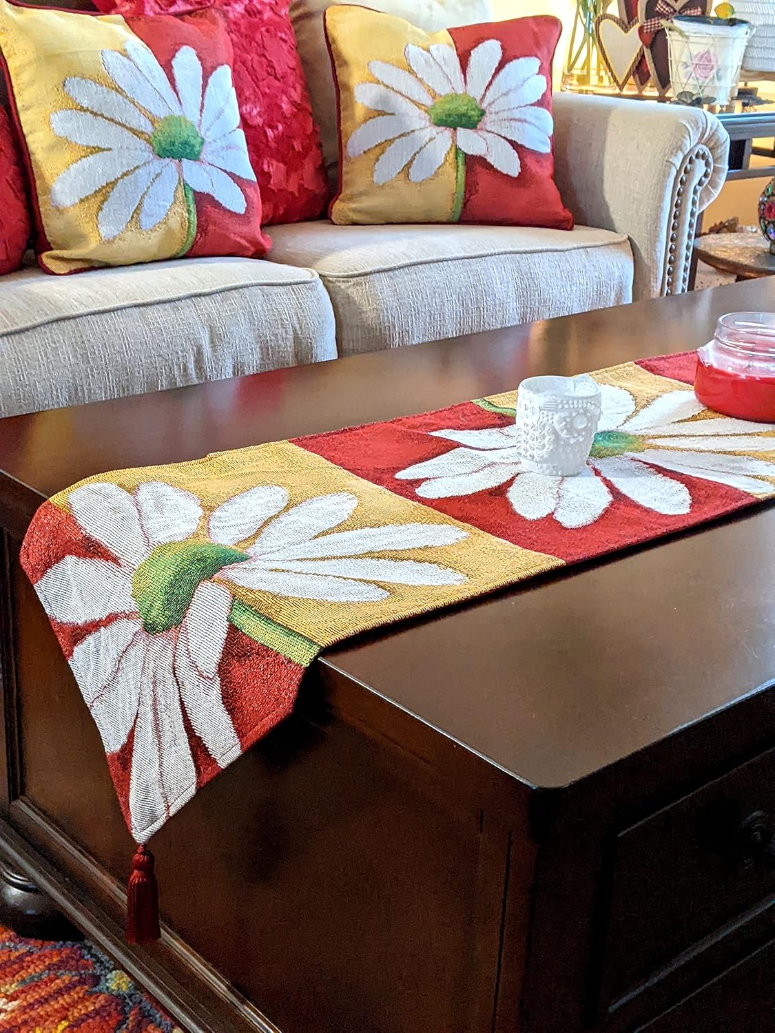 Tache Floral Colorful Yellow Red White Decorative Spring Daisy Flower Loves Me Not Woven Tapestry Long Kitchen Dining Table Runner 13x90