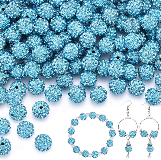 100 pcs 10mm Rhinestone Beads for Jewelry Making, Aquamarine Shiny Round Shamballa Disco Beads Bulk, Sparkle Crystal Clay Christmas for Bracelet Baseball Necklace Earring Crafting and DIY