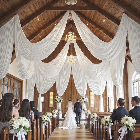 PartyVillage 8 Panels 5ftx30ft White Ceiling Drapes for Wedding Parties – 30 FT Extra Long Thick Polyester Wrinkle-Free Drapery Tent Decor Decorations for Birthday Party Ceremony Stage Swag