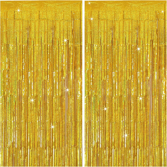 Tinsel Curtain Party Backdrop Gold Birthday Decorations 2 Packs Glitter Foil Fringe Curtain Party Decor Streamers Photo Booth for Birthday Christmas Wedding Halloween Graduation Decorations