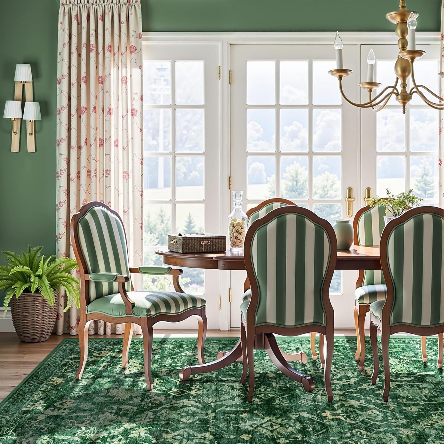 Dark Green Area Rugs 7x9 for Bedroom Nursery, Machine Washable Vintage Rugs, Distressed Living Room Non Slip Rugs for Living Room Carpet Green Area Rug for Dining