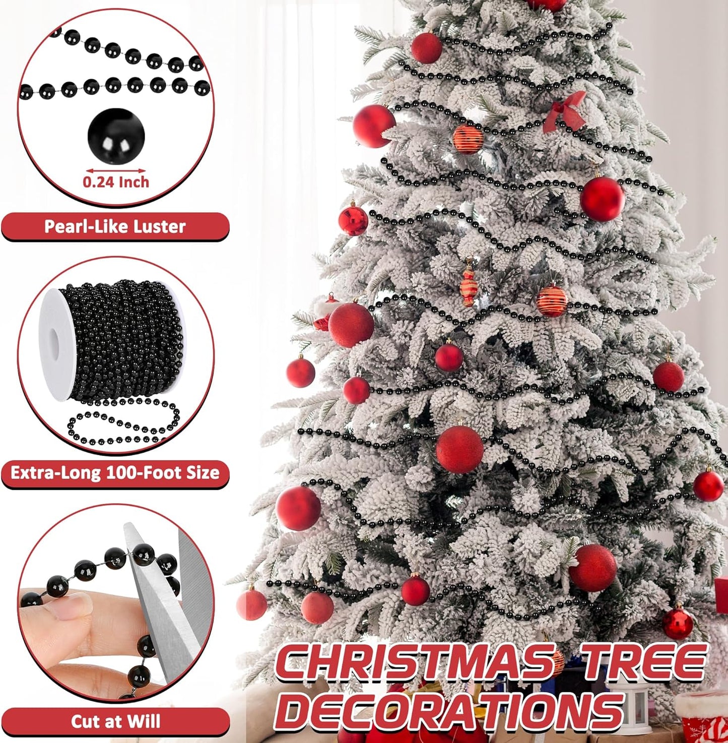 100 Feet Garland for Christmas Tree, Black Christmas Beads Decorations, Xmas Tree Decorations Artificial Pearl Garland Chain for Home Fireplace Curtains Decor Xmas Party Decor