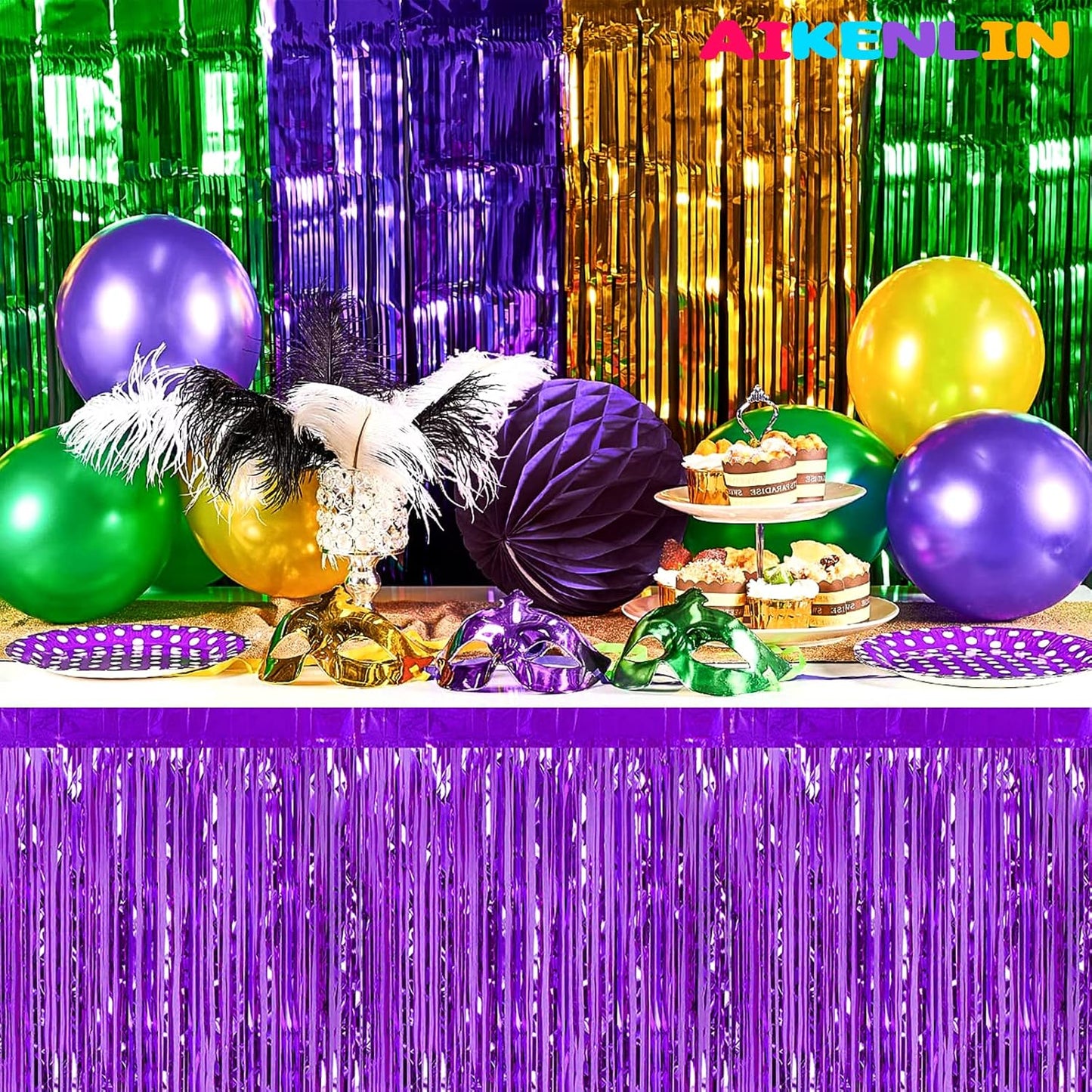 6 Pack 29x108 Inch Metallic Foil Fringe Tinsel Table Skirts Banner for Rectangle Tables Streamer Garland Curtains Backdrop for Wedding, Birthday, Parade Floats, Halloween Party Decoration(Purple)