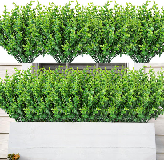 AmyHomie 20 Bundles Green Artificial Plants for Outdoor Spring Summer Decor UV Resistant Faux Wheat Grass Greenery Shrubs Eucalyptus Fake Plastic Plants Garden Porch Window Box Decorating