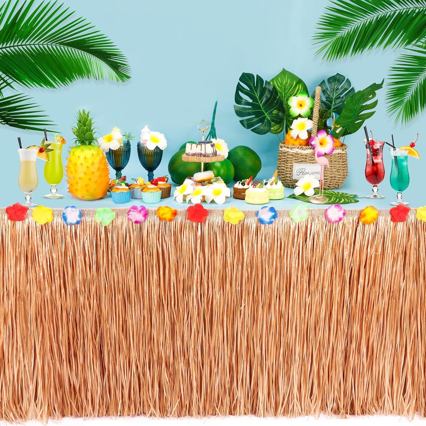 4PCS Hawaiian Table Skirt Decor, Luau Themed Grass Table Skirt Party Decorations, 108 X 29.5" Flower Tropical Hula Dance Parties Supplies, Table Skirt Bulk for Summer Beach Themed Activities