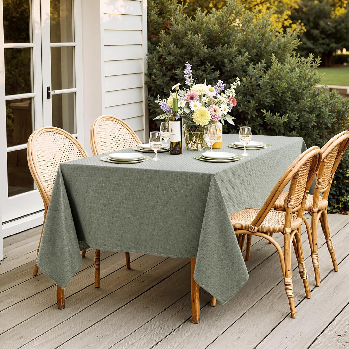 MIULEE Olive Green Linen Cottton Table Cloth Rectangle Tablecloth Waterproof Spillproof Cross-Star Textured Table Cltoth Decorative Farmhouse Style for Dining Party Weddings 60x120 Inch