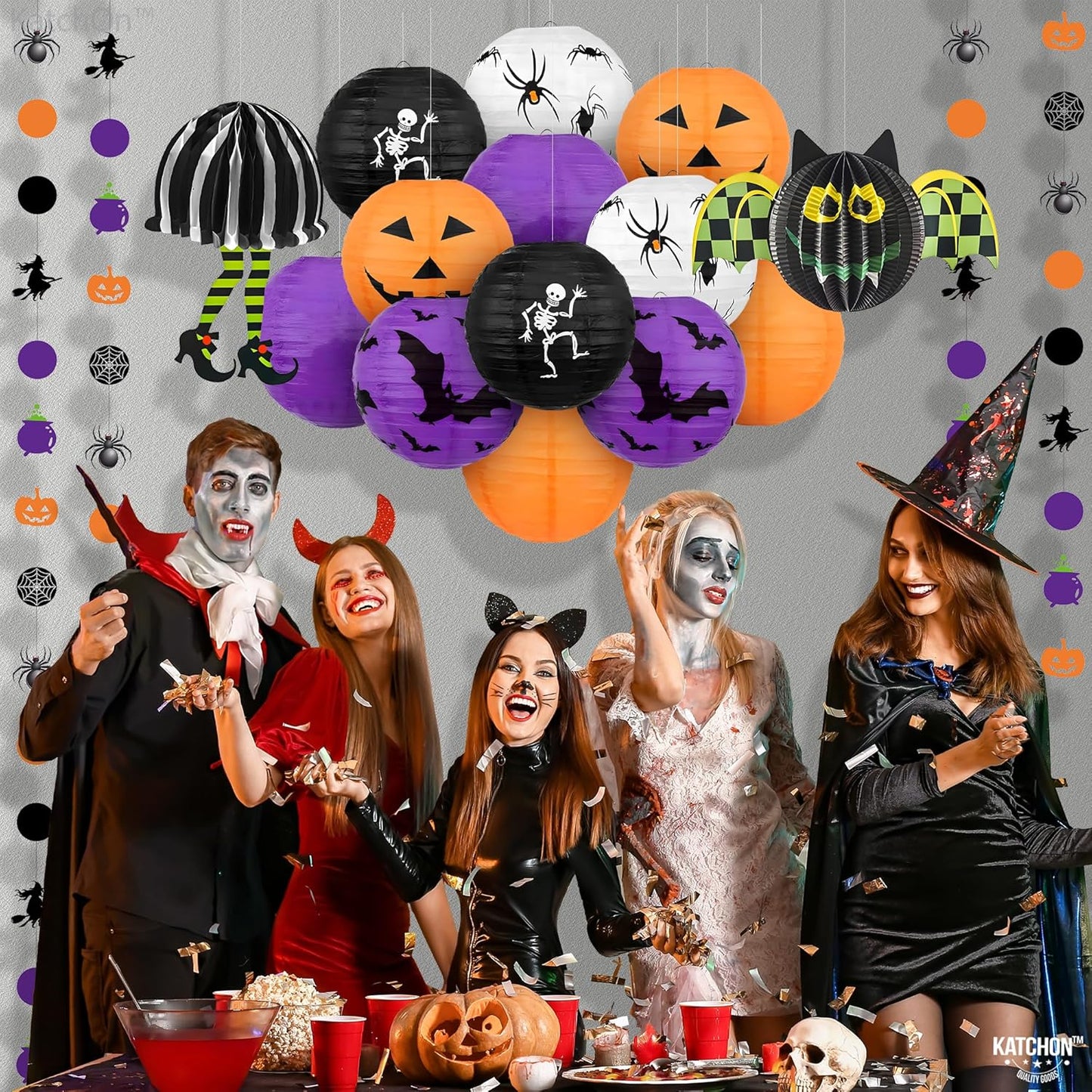 KatchOn, Halloween Hanging Paper Lanterns Set - Pack of 15 | Halloween Paper Lanterns, Halloween Honeycomb Decorations for Halloween Decorations | Halloween Garland for Halloween Party Decorations