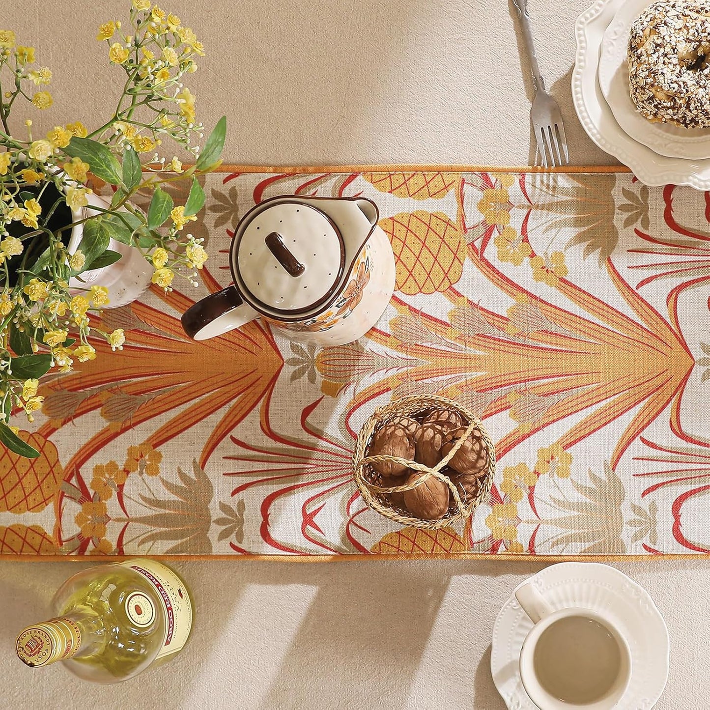 patdrea Designer Tropical Linen Table Runner 102 Inch Long, Yellow Vintage Elegant with Pineapple Pattern Table Mat,Decoration for Kitchen Dining Coffee Table Cover Banquet Christmas , 12"*102"