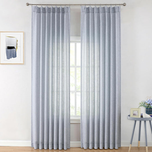 Vision Home Blue Pinch Pleated Semi Sheer Curtains Textured Light Filtering Window Curtains 90 inch for Living Room Bedroom Rayon Blended Chambray Blue Pinch Pleat Drapes with Hooks 2 Panels 40"Wx90"L