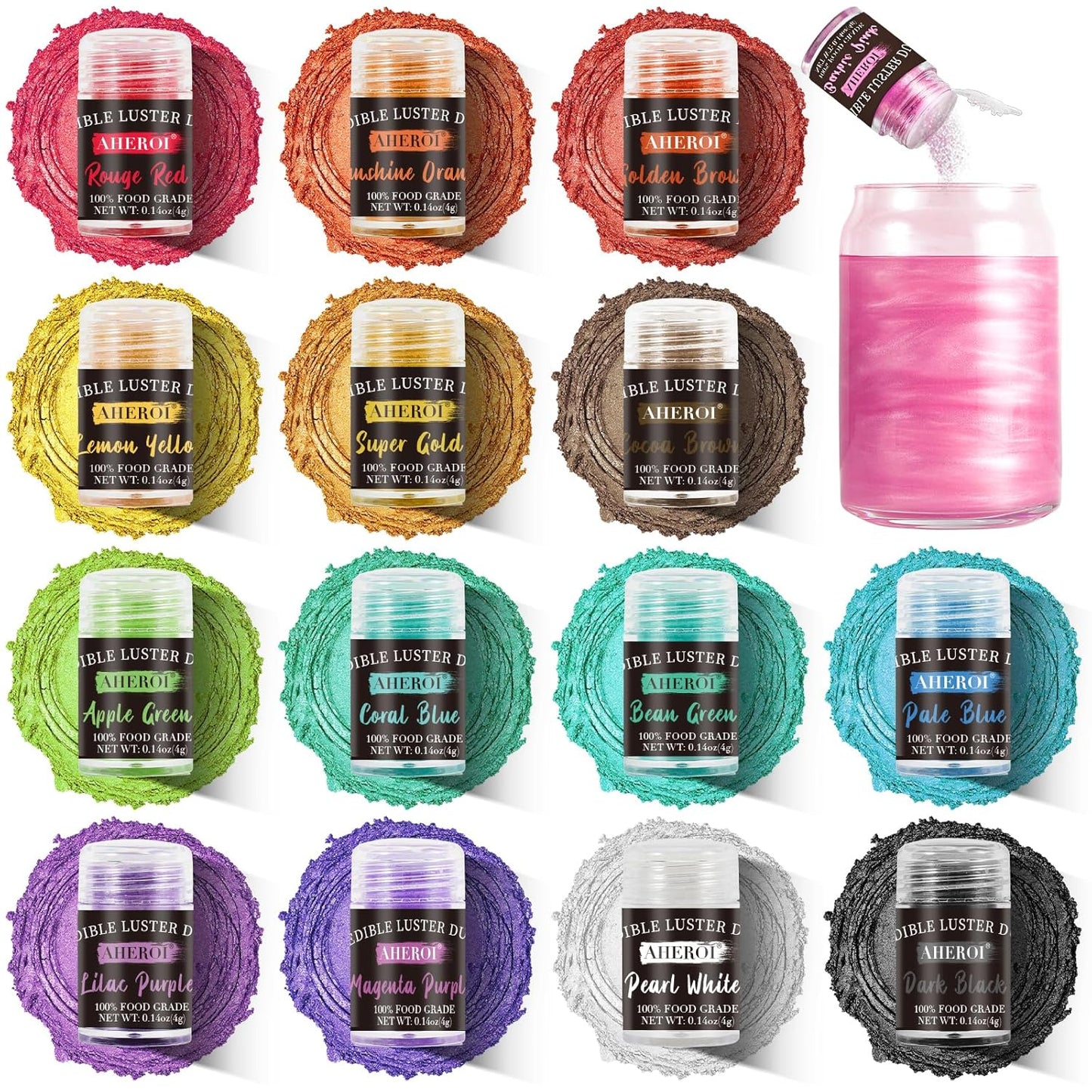 Aheroi Edible Glitter Set, 15 Colors Luster Dust Edible Set, Shimmering Glitter for Drinks Powder Glitter for Fondant, Cocktail Glitter for Cakes, Candy, Chocolate, Cookie（4g/0.14oz）